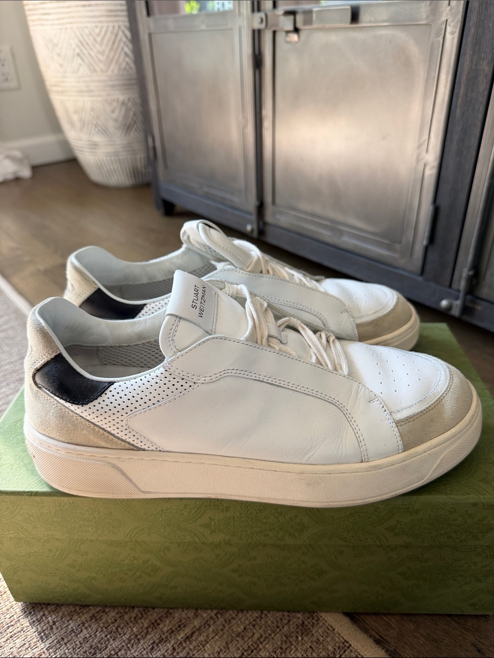 Stuart Weitzman White Leather Sneakers with Black Heel Accent
